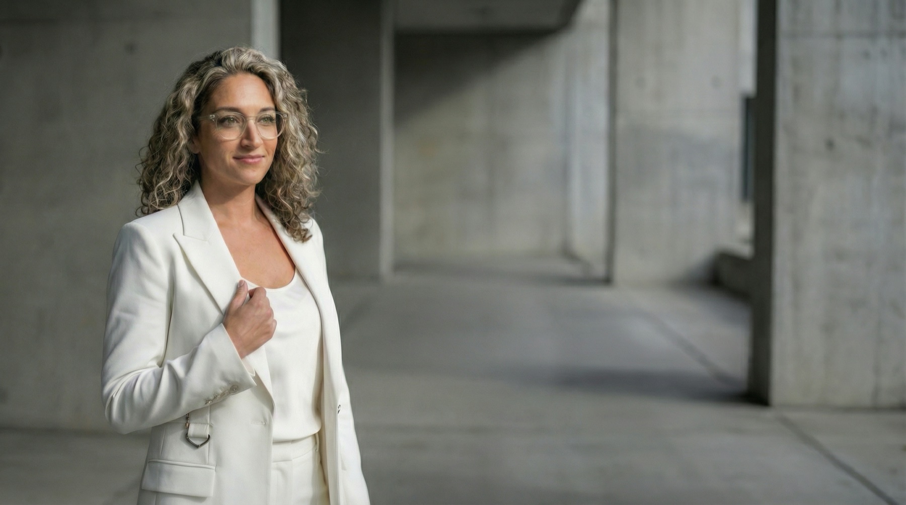 Dr. Johnna Richardson in a white suit, standing in soft light